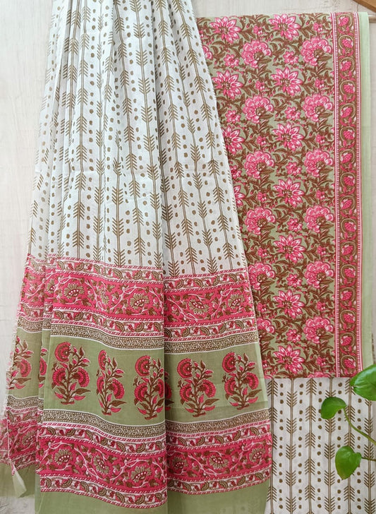 Multi & White Coloured Unstitched Pure Cotton Hand Block Printed Women Party/Daily wear Dress Material Suit- Top with Bottom & Cotton Dupatta!!