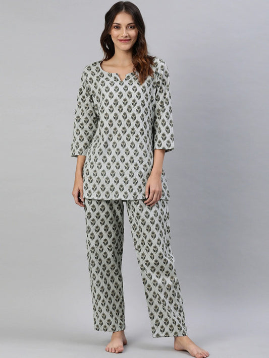 Grey and beige night suit consists of kurti and pyjama