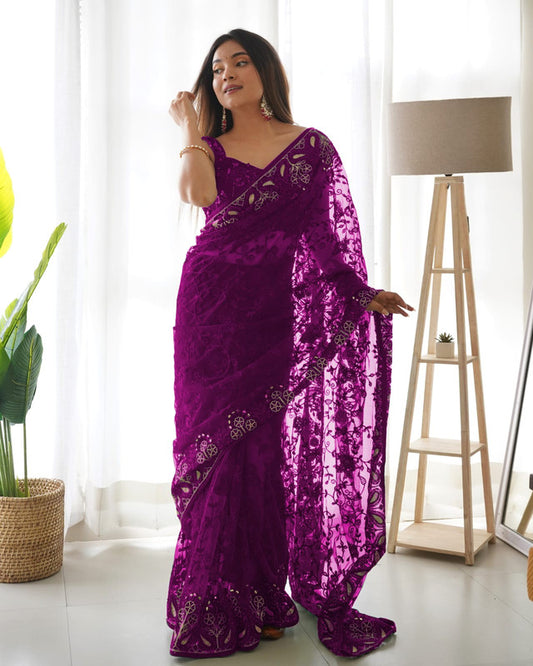 Purple Coloured Heavy Butterfly Net with Multi coloured Thread & Aari Embroidery Work Women Designer Party wear Fancy Net Saree with Blouse!!
