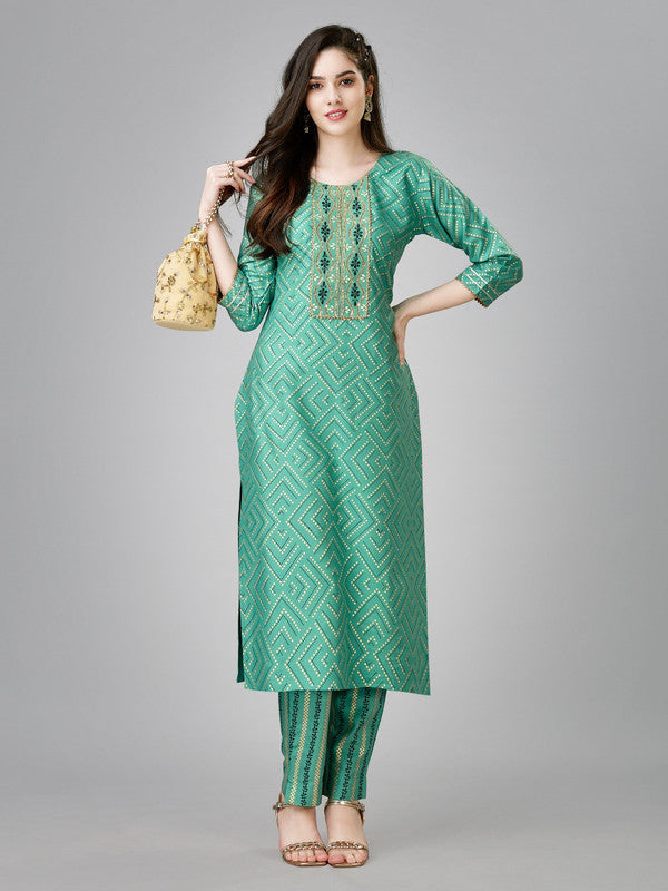 Pista Green & Multi Coloured Heavy Rayon with Embroidery Work & Printed 3/4 Sleeves Round Neck Women Designer Party wear Kurti with Pant!!