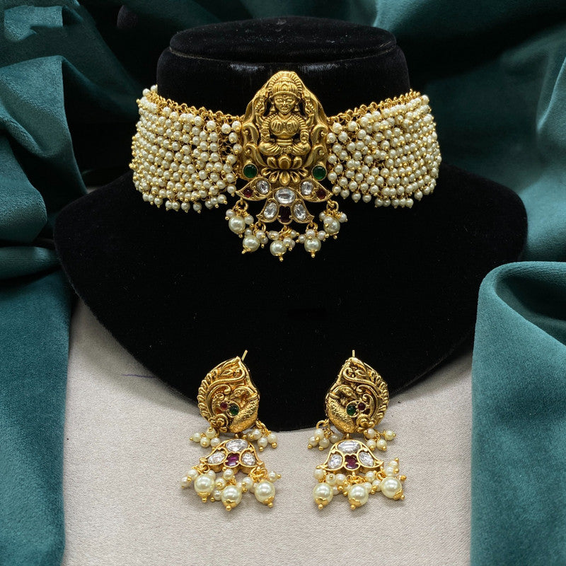 Gold & White Coloured Pure Brass Real Kundan Gold Plating with Pearls Women Lakshmi Design Choker set with earrings!!