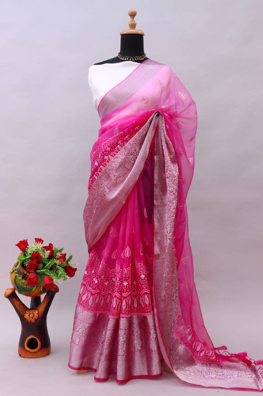 Dark Pink Coloured Pure Organza Kora Silk Jaqucard Fnacy Hand dying Women Party wear Saree with Blouse!!