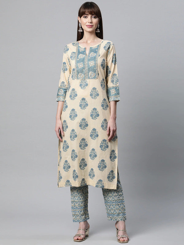 Beige Coloured Pure Cotton Floral Printed  Gotta Patti Straight shape Round neck 3/4Sleeves Women Designer Party/Daily wear Kurti with Trousers!!