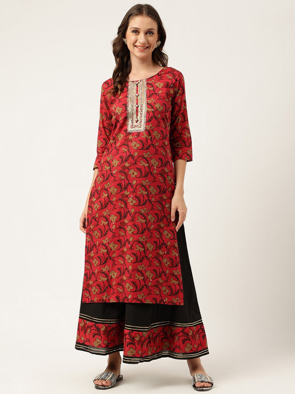 Maroon Coloured Floral Printed Round Neck 3/4 Sleeves Straight shape Women Designer Party wear Pure Cotton Kurti with Sharara!!