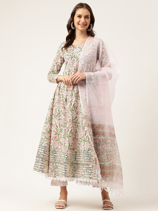 Green & Pink Coloured Ethnic Motifs Printed Gotta Patti Round neck 3/4 Sleeves Women Designer Party wear Pure Cotton Anarkali Kurti with Trousers & Dupatta!!