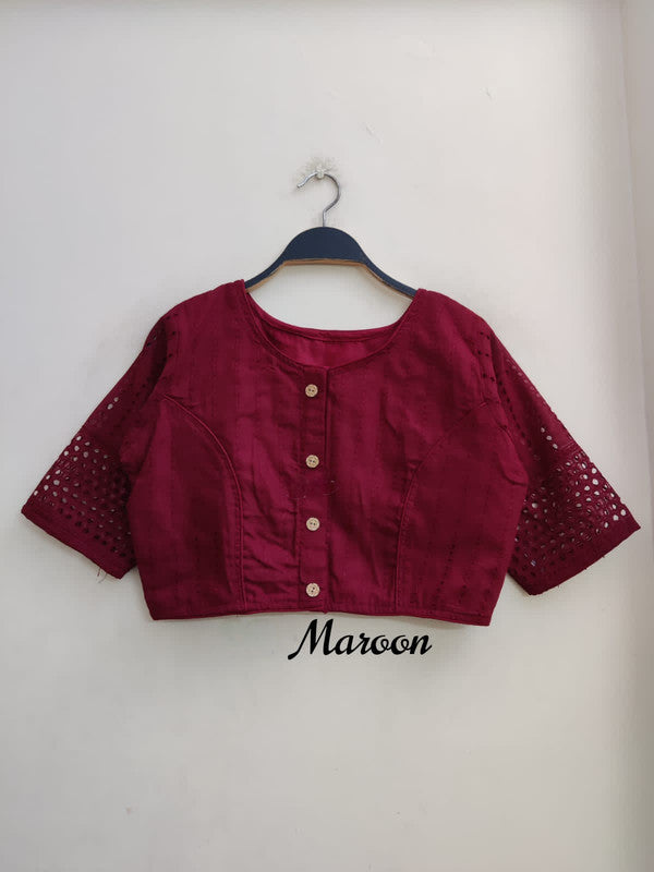 Maroon Coloured Jaipuri Goli Hakoba Boat Neck Ready made Blouse with Wooden Button!!