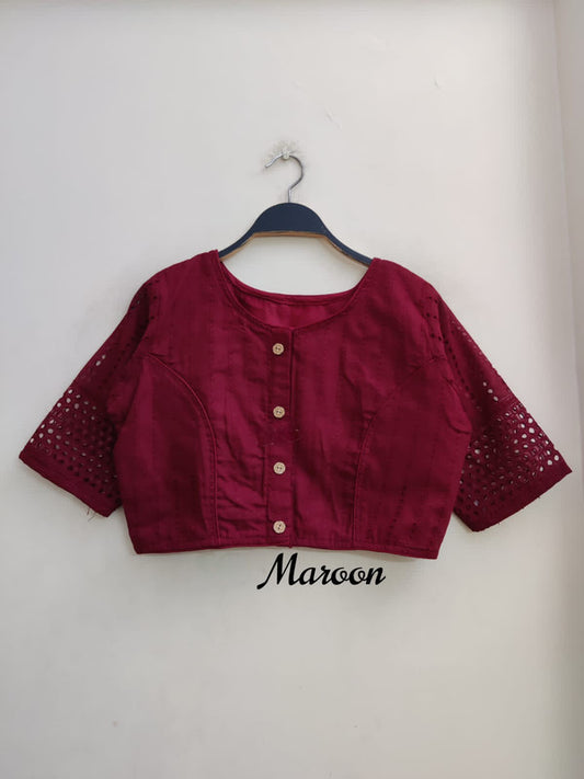 Maroon Coloured Jaipuri Goli Hakoba Boat Neck Ready made Blouse with Wooden Button!!