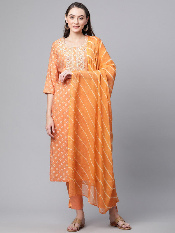 Orange Coloured Chanderi Silk Bandhani printed Round Neck 3/4 Sleeves Women Designer Party wear Kurti with Trousers & With Dupatta!!