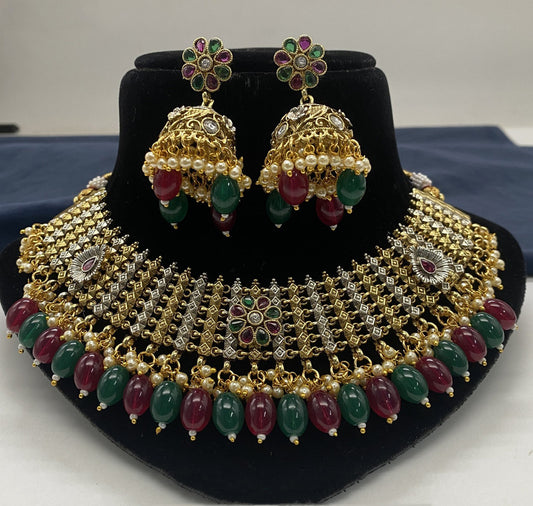 Beautiful Multi & Gold Coloured Premium Quality Pure Copper Gold & Rajwadi Plating Necklace set with Earrings for Women!!