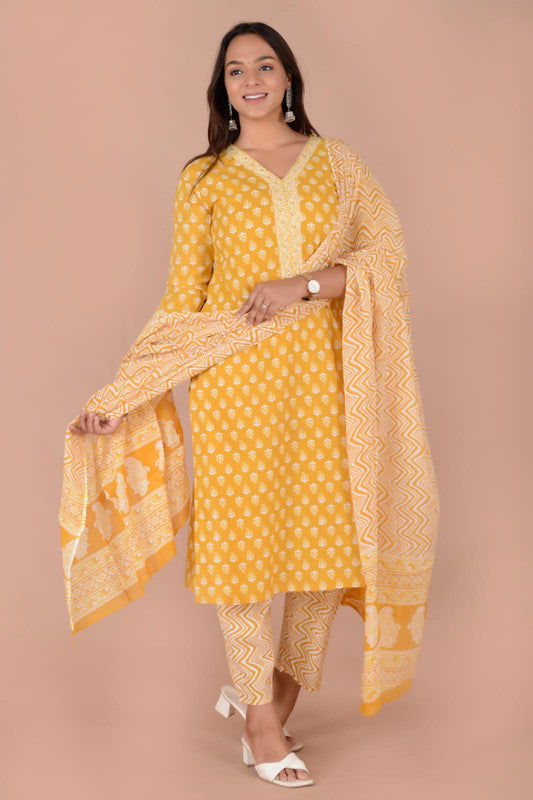 Yellow & Multi Coloured Pure Cotton Printed Hand Work Women Fully Stitched Designer Party wear Suit with Pant & Dupatta!!