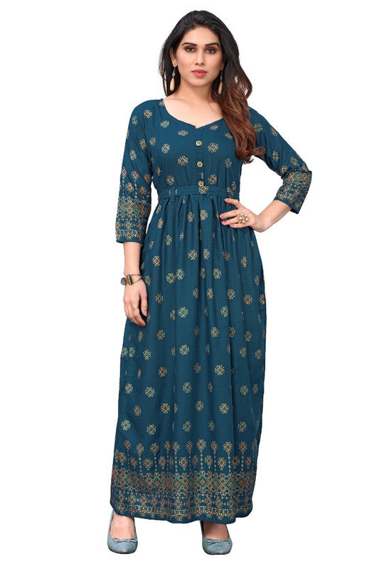Rayon Foil Gold Printed Gown Kurtis with belt- Roys4627