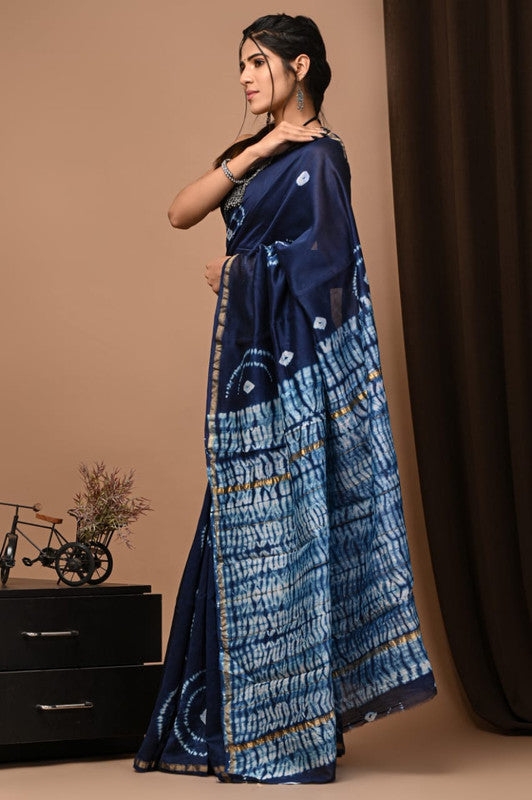 Navy Blue & Off White Coloured Hand Block Printed Women Designer Party wear Chanderi Cotton Silk Saree with Runnin Blouse!!