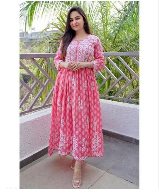 Pink & White Coloured Premium Rayon with Block Print & Beautiful Chikankari work Women Designer Daily wear Gown Kurti!!