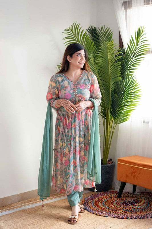 Mehera Green Coloured Premium Chinon Embroidery with Mirror Work Women Designer Party wear Floral Alia Cut Kurti with Pant & Dupatta!!