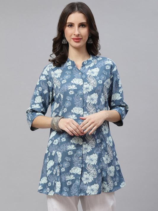Blue Coloured Premium Viscose Rayon Floral Print Mandarin Collar Roll-Up Sleeves Women Party/Daily wear Western Shirt Style Top!!