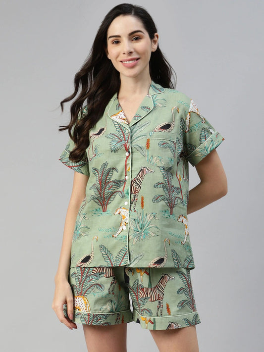 Women Green & Peach Pure Cotton Printed Night suit