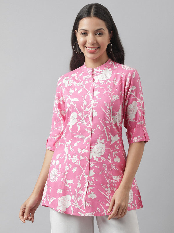 Pink & White Coloured Premium Rayon Floral printed Mandarin Collar Roll-Up Sleeves Women Party/Daily wear Western A-line Shirt Style Top!!