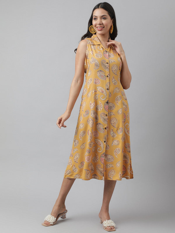 Mustard Yellow Coloured Pure Cotton Floral Print A-Line Shirt collar Sleeveless Women Party/Daily wear Western Midi Dress!!