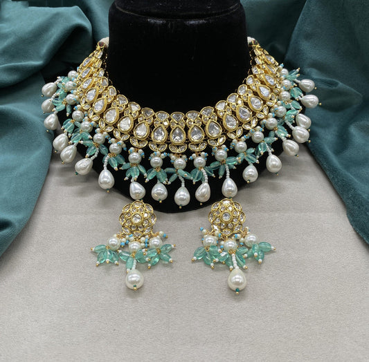Gold & Multi Coloured Pure Brass with Real Kundan & Pearls Women Gold Plated Designer Necklace with Earrings!!
