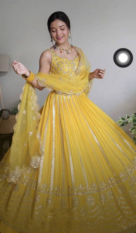 Yellow Coloured Faux Georgette with Heavy 5mm Sequence Embroidery Designer Lehenga Choli with Dupatta!!