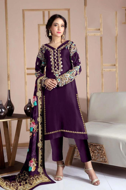 Purple Coloured Heavy Fox Georgette Stylish Embroidery with Hand work Women Fully Stitched Designer Party wear Top with Pant & Digital Print Dupatta!!