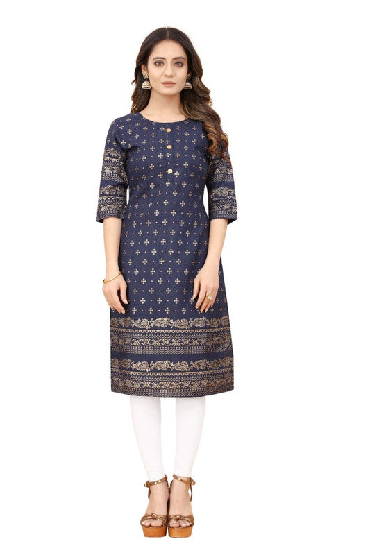 Dark Blue Coloured Cotton Gold Foil Printed 3/4 Sleeves Stright Fit Kurti!!