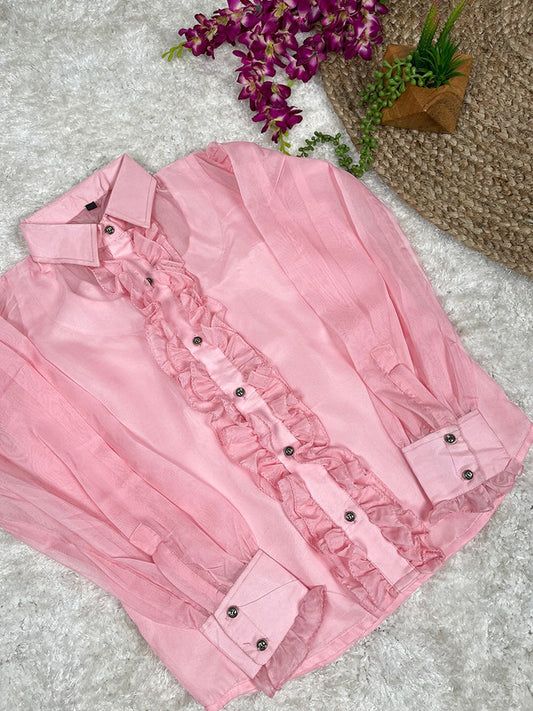 Pink Coloured Premium Organza Silk with Plain Print & Full Sleeves Women Party/Daily wear Western Organza Shirt!!