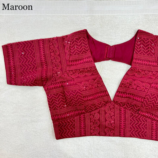 Maroon Coloured Georgette with Chikankari Work Deep Neck Woman Ready made Designer Blouse!!