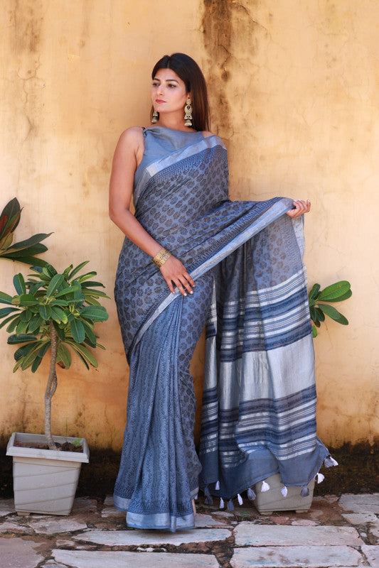 BEAUTIFUL LINEN HAND BLOCK PRINT SAREE