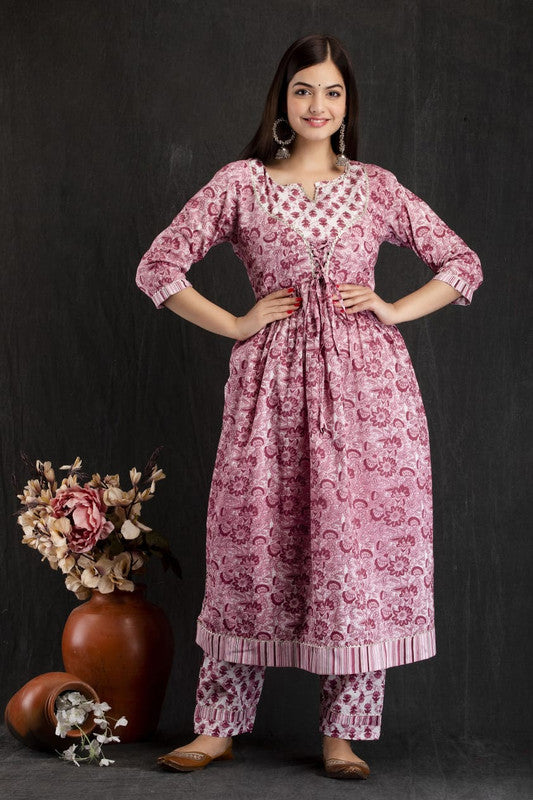 Pink & Multi Coloured Pure Cotton Naira Cut Embroidered Dori Lace Gota work Round Neck 3/4 Sleeves Women Fully Stitched Designer Party/Daily wear Kurti with Pant!!