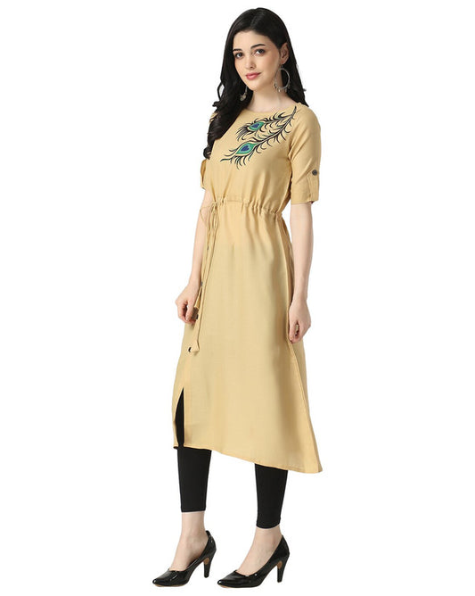 Beige Coloured Premium Rayon Peacock feather Print Women Designer Daily wear Kurti with Belt!!