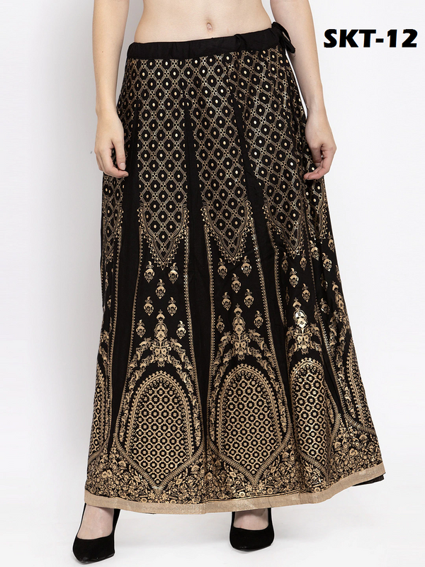 Gold Print Black coloured Rayon Skirt Free Size( 28 to 40 Inch)!!