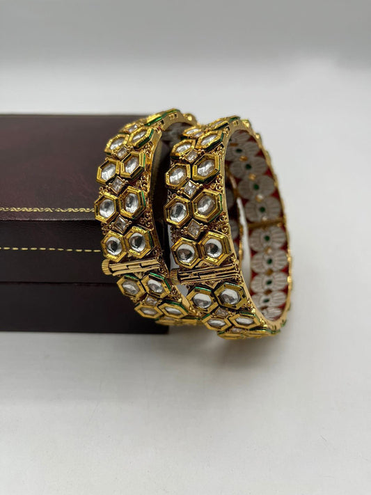 Gold & White Coloured Pure Brass Real Kundan Gold Plating Women Designer Set of 2 Openable Kada Bangles!!