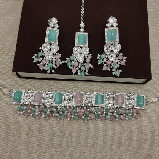 Aqua Blue & Pink Coloured Premium Silver Plating Real Kundan with pearls Women Choker set with earrings & Maatha Patti!!