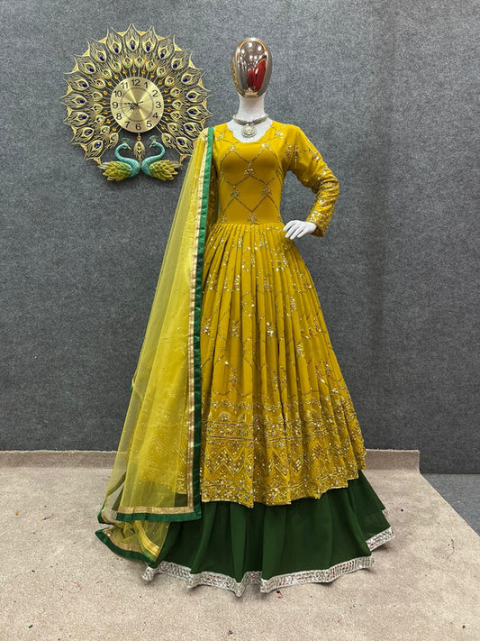 Yellow Faux Georgette With Heavy 5 mm Embroidery Sequence Work Party wear Top with Lehenga & Dupatta!!