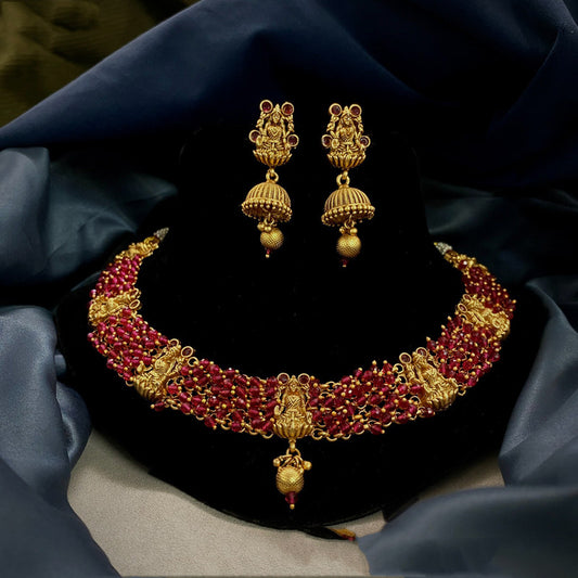 Beautiful Maroon & Gold Coloured Premium Quality Pure Copper Gold & Rajwadi Plating Lakshmi Necklace set with earrings for Women!!