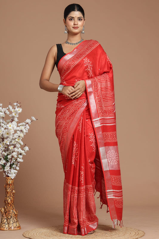 Red & Multi Coloured Linen Cotton Beautiful Hand Block printed Women Daily/Party wear Saree with Blouse!!