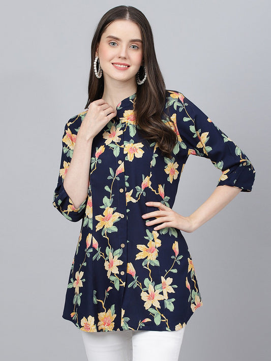 Navy Blue & Multi Coloured Premium Rayon Floral Printed Mandarin Collar Roll-Up Sleeves Women Party/Daily wear Western Shirt Style Longline Top!!