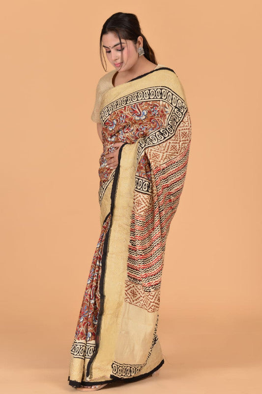 Beige & Multi Coloured Hand Block Printed Silk border Chit Pallu Women Designer Party wear Cotton Silk Saree with Zari Blouse!!