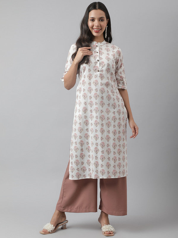 White & Pink Coloured Floral Printed Mandarin collar Roll-up Sleeves Women Designer Party/Daily wear Cotton Straight Shape Kurti!!