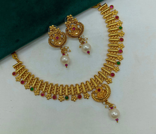 Gold & Multi Coloured Pure Brass & Copper Beauitfully Crafted Women One Gram Gold Designer Necklace with Earrings!!