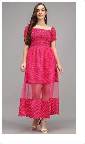 Rani Fit and Flare American Crepe and Net Dress FREE SIZE( Up to L 38 size)