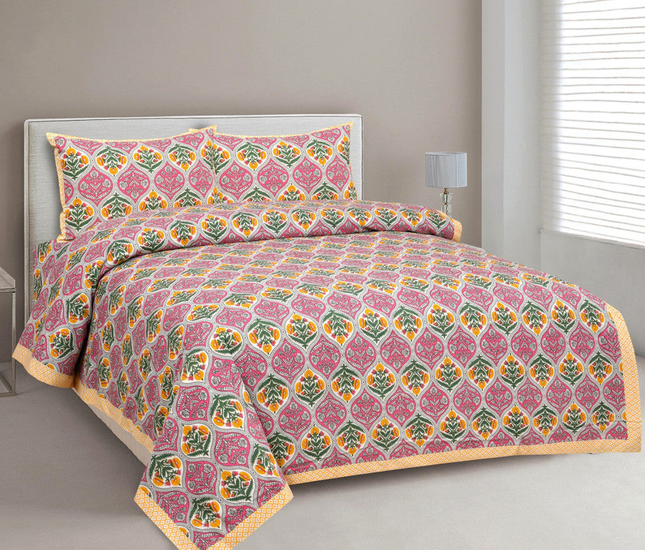 Pink & Multi Coloured Pure Cotton Beautiful Hand Printed Queen size Double Bed sheet with 2 Pillow covers!!