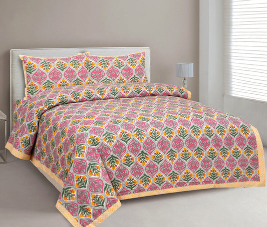 Pink & Multi Coloured Pure Cotton Beautiful Hand Printed Queen size Double Bed sheet with 2 Pillow covers!!