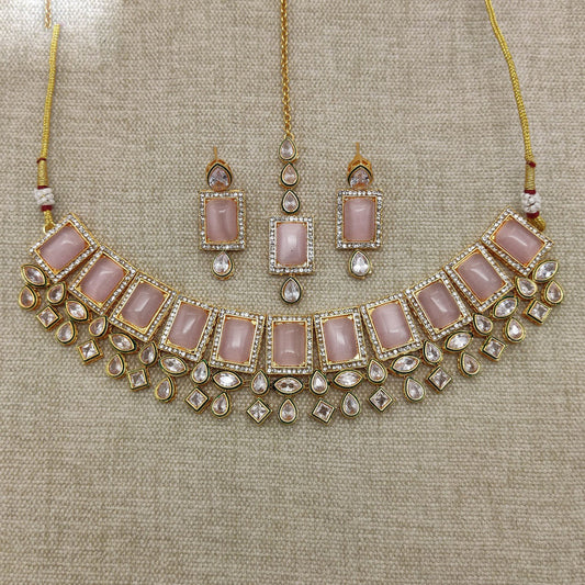 Exclusive Pink Gold Plating Kundan Jewellery Reverse AD Necklace set with Earrings & Matha Patti!!