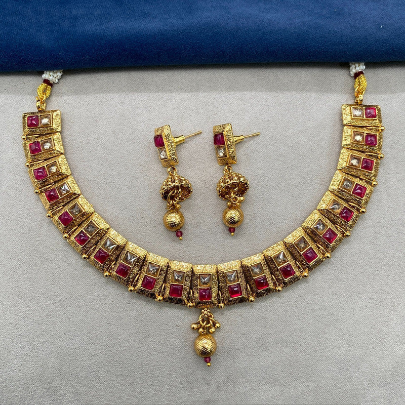 Gold & Maroon Coloured Pure Brass Real Kundan Gold Plating with Pearls Women Necklace set with Jhumka earrings!!