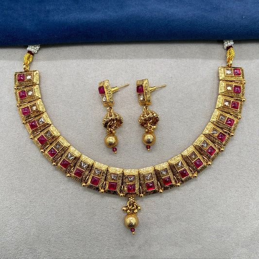 Gold & Maroon Coloured Pure Brass Real Kundan Gold Plating with Pearls Women Necklace set with Jhumka earrings!!