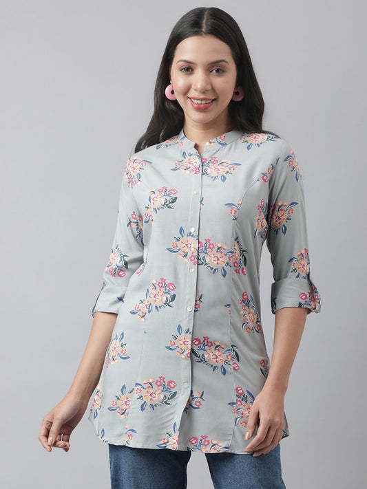 Grey & Pink Coloured Premium Rayon Floral Printed  Mandarin Collar Roll-Up Sleeves Women Party/Daily wear Western A-line Shirt Style Top!!