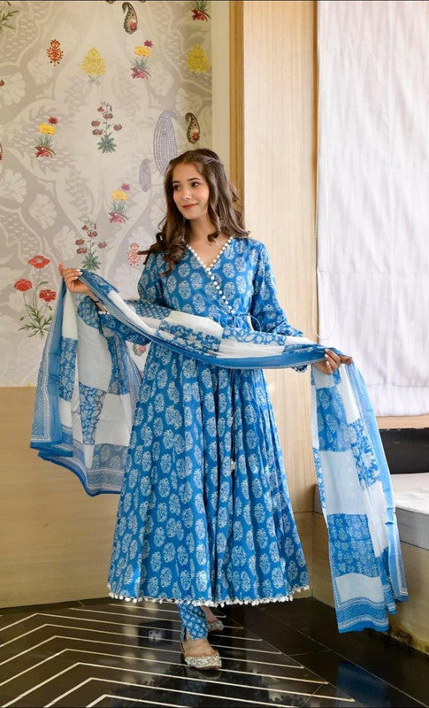 Blue Floral Pompom Suit with Beautiful Print Long Anarkali Kurti Pant with  Dupatta!!