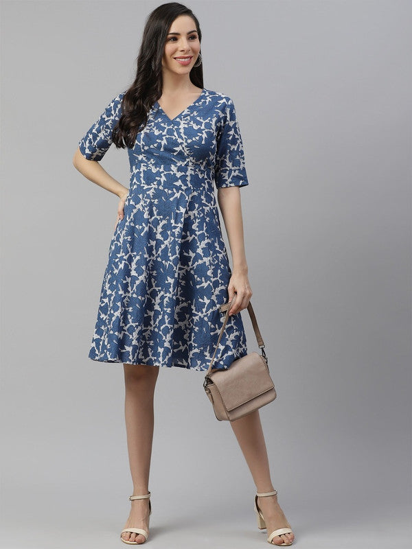 Blue and white floral print wrap dress